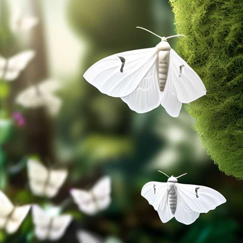 White moths fluttering in a lush garden setting.
