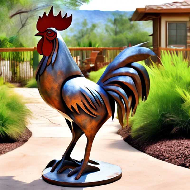 A close-up shot of a metal rooster yard art sculpture.