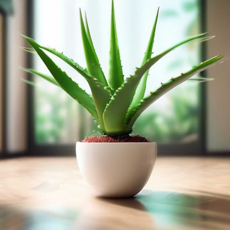 A close-up of an Aloe Vera plant in a pot, showing its thick, succulent leaves.