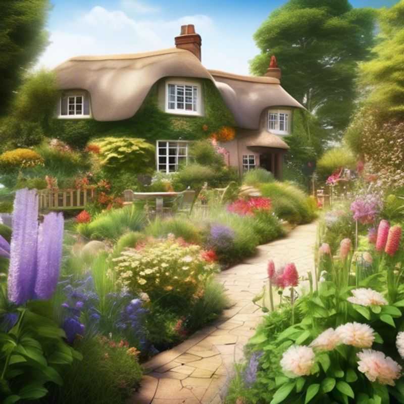 A charming English Cottage Garden, showcasing a mix of colorful flowers and lush greenery.