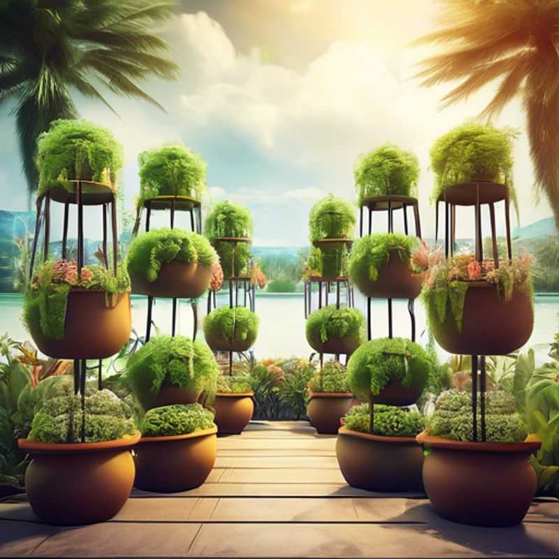 Outdoor plant stands with multiple tiers, showcasing various plants.
