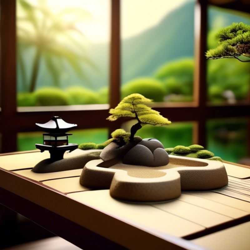 A miniature Zen garden designed for a desk, featuring sand, rocks, and miniature rakes.