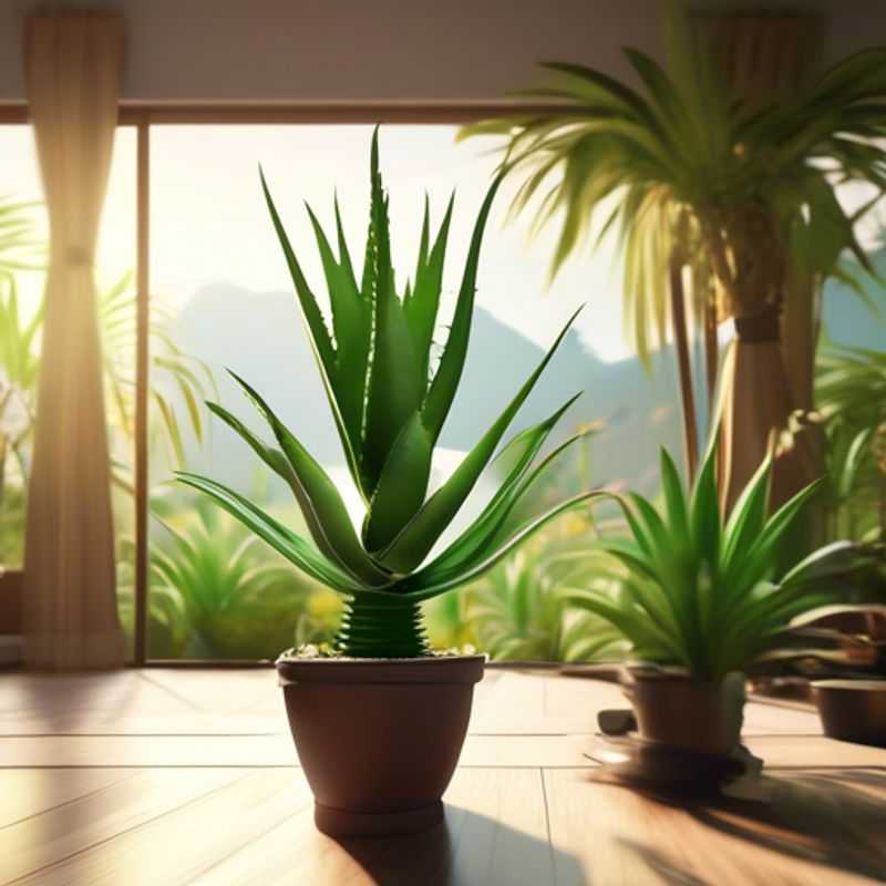 A close-up of an Aloe Vera plant in a pot, showing its thick, succulent leaves.