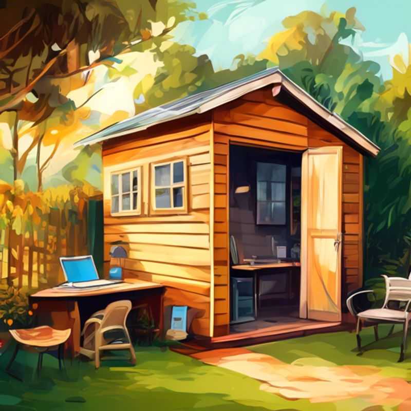 A charming backyard office shed with windows, providing a glimpse of the potential workspace inside.