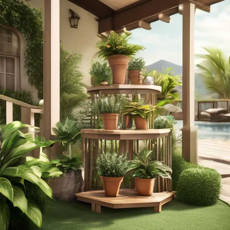 Outdoor plant stands with multiple tiers, showcasing various plants.