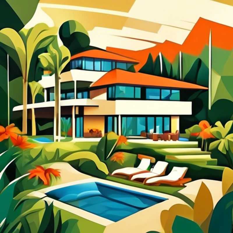 A visually appealing home garden design concept, showcasing various elements such as plants, pathways, and water features.