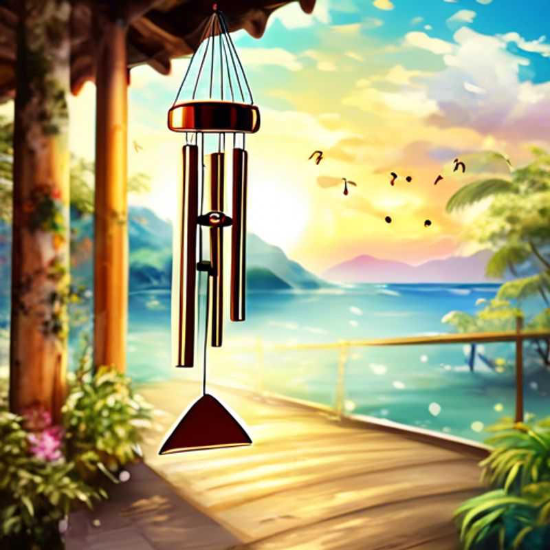 Wind chimes hanging from a porch with lush greenery in the background.
