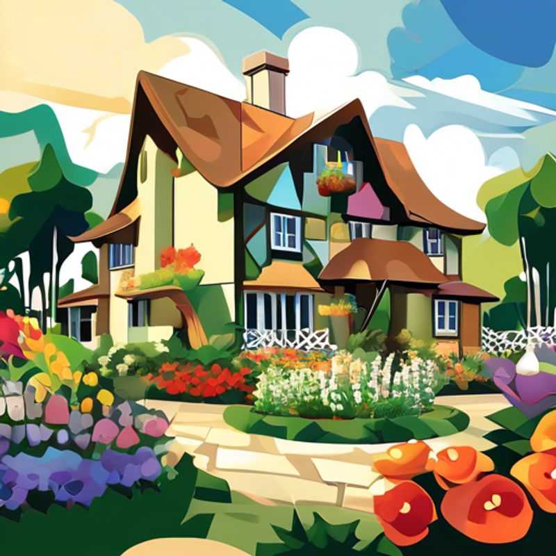 A charming cottage garden design, featuring a mix of colorful flowers, herbs, and climbing plants.