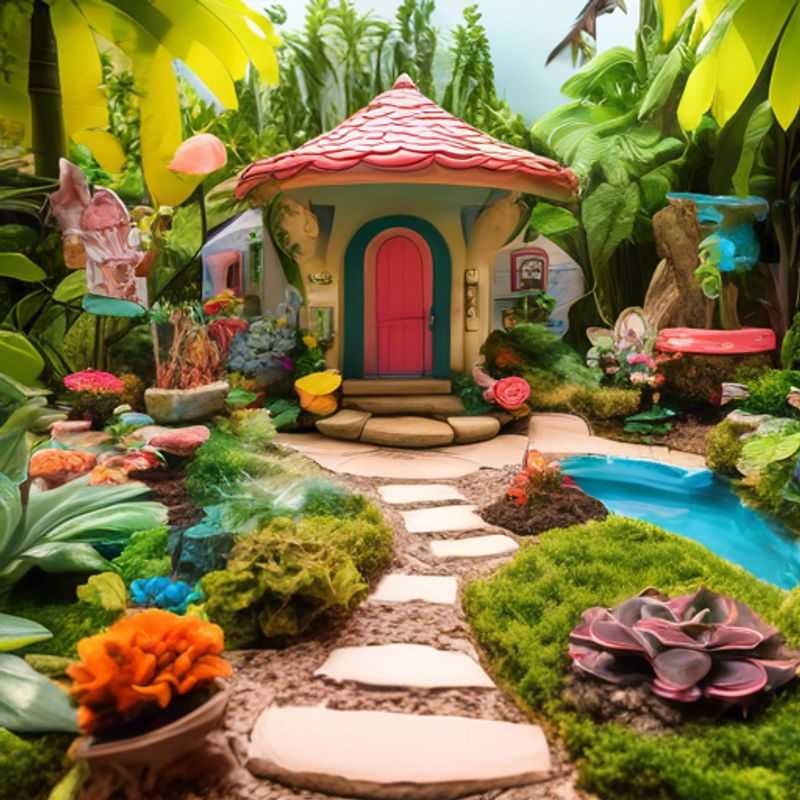 A whimsical fairy garden scene with miniature furniture, plants, and accessories.