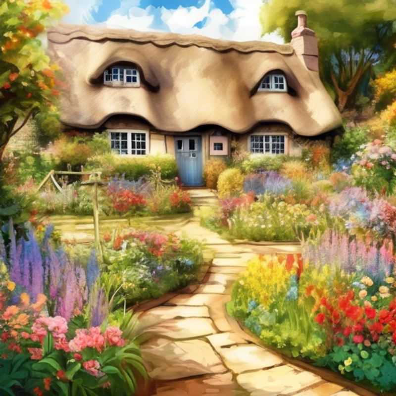 A charming English Cottage Garden, showcasing a mix of colorful flowers and lush greenery.