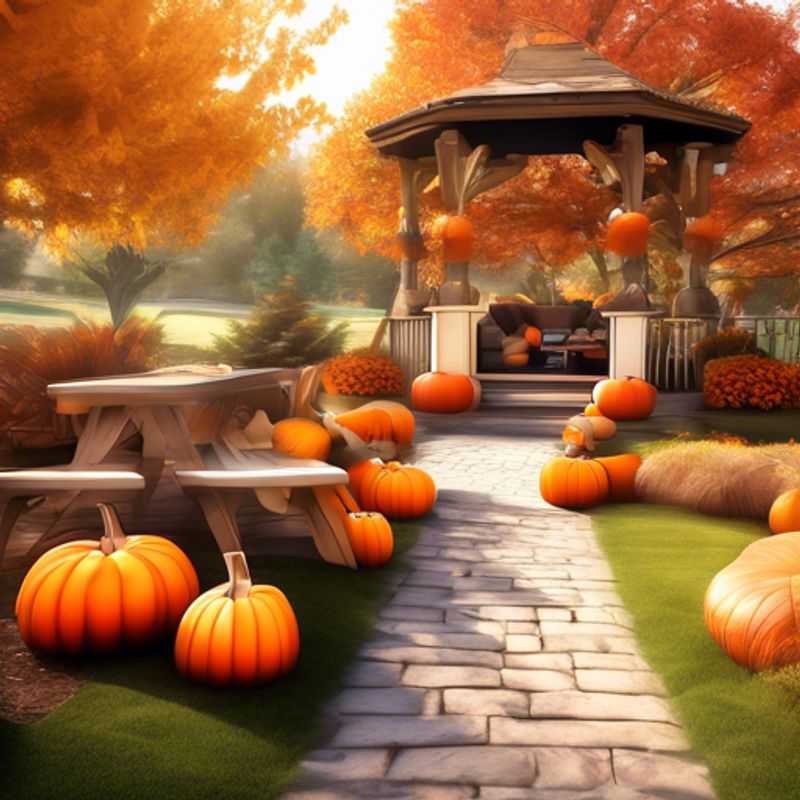 A charming display of fall yard decor, featuring pumpkins, gourds, and autumn leaves.