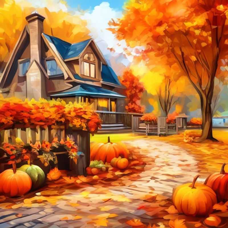 A charming display of fall yard decor, featuring pumpkins, gourds, and autumn leaves.