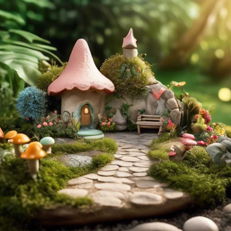 A whimsical fairy garden scene with miniature furniture, plants, and accessories.