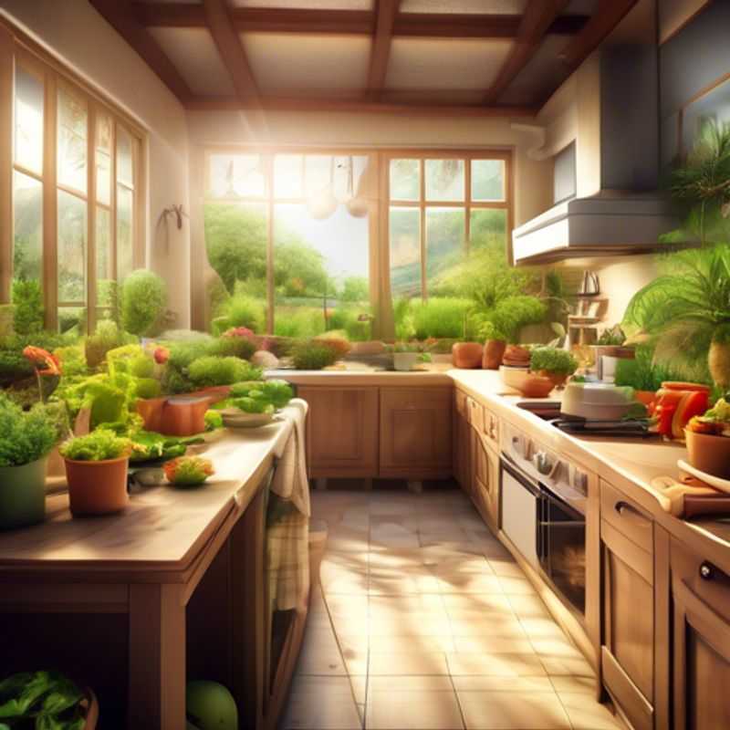 A close-up of a flourishing kitchen garden, showcasing various herbs and vegetables growing in pots and containers.