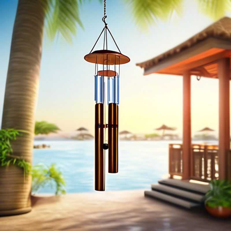 Wind chimes hanging from a porch with lush greenery in the background.