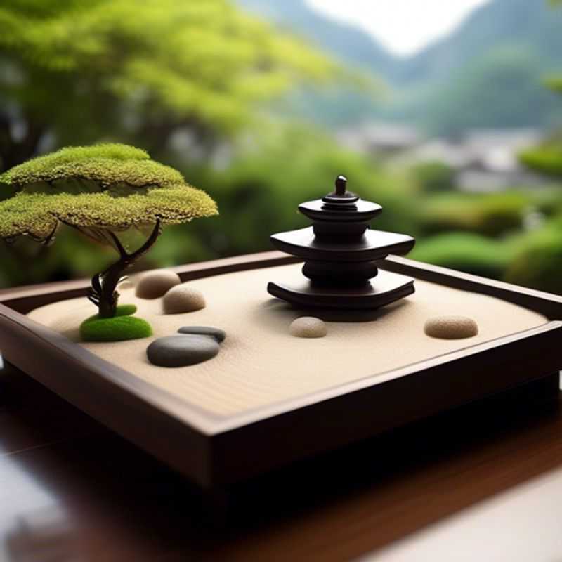 A miniature Zen garden designed for a desk, featuring sand, rocks, and miniature rakes.