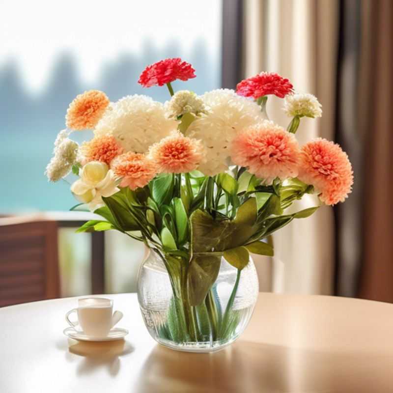 A close-up of vibrant artificial flowers arranged in a vase, showcasing realistic detail and color.