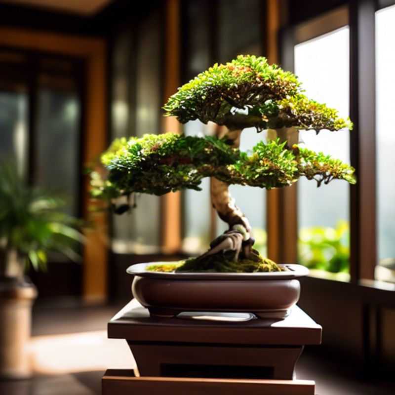 A miniature Bonsai tree, showcasing its intricate branches and delicate foliage, sits in a decorative pot.