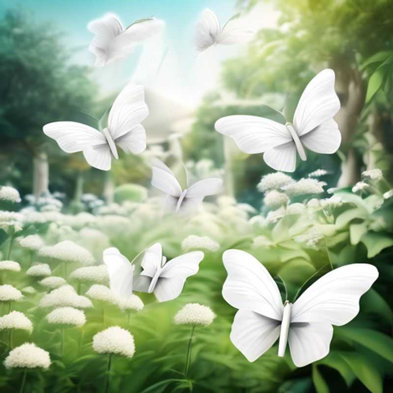 White moths fluttering in a lush garden setting.