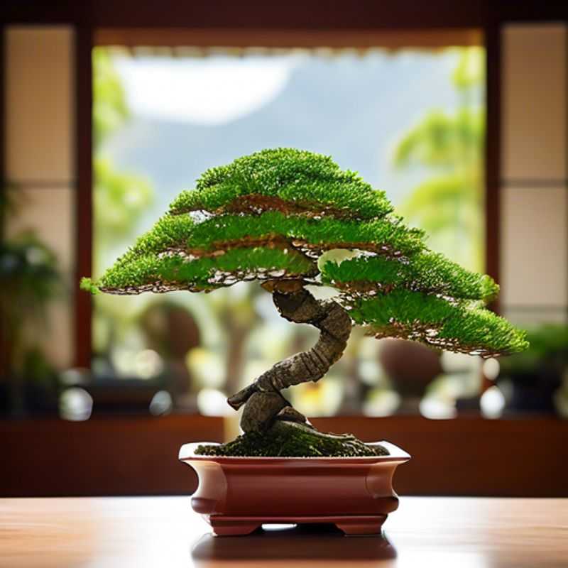 A miniature Bonsai tree, showcasing its intricate branches and delicate foliage, sits in a decorative pot.